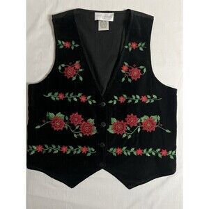 Vintage Christmas Vest Women Black Velvet Embroidered Poinsettia Size PM